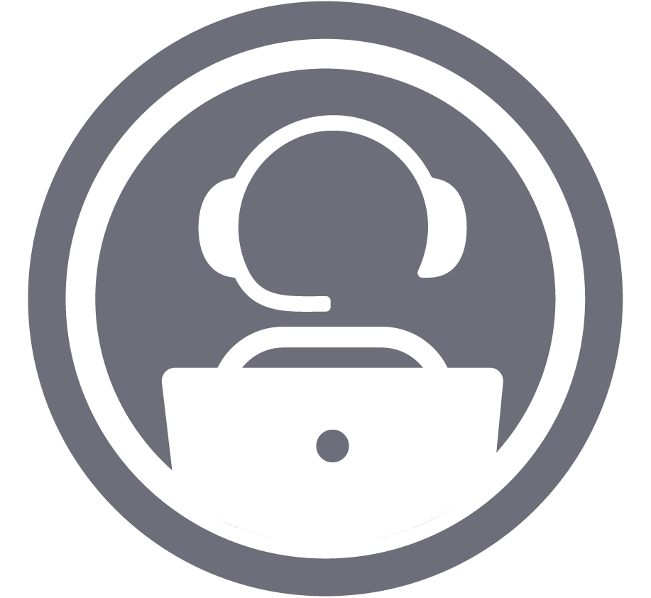 Customer support icon depicting a support rep with headset working at a computer