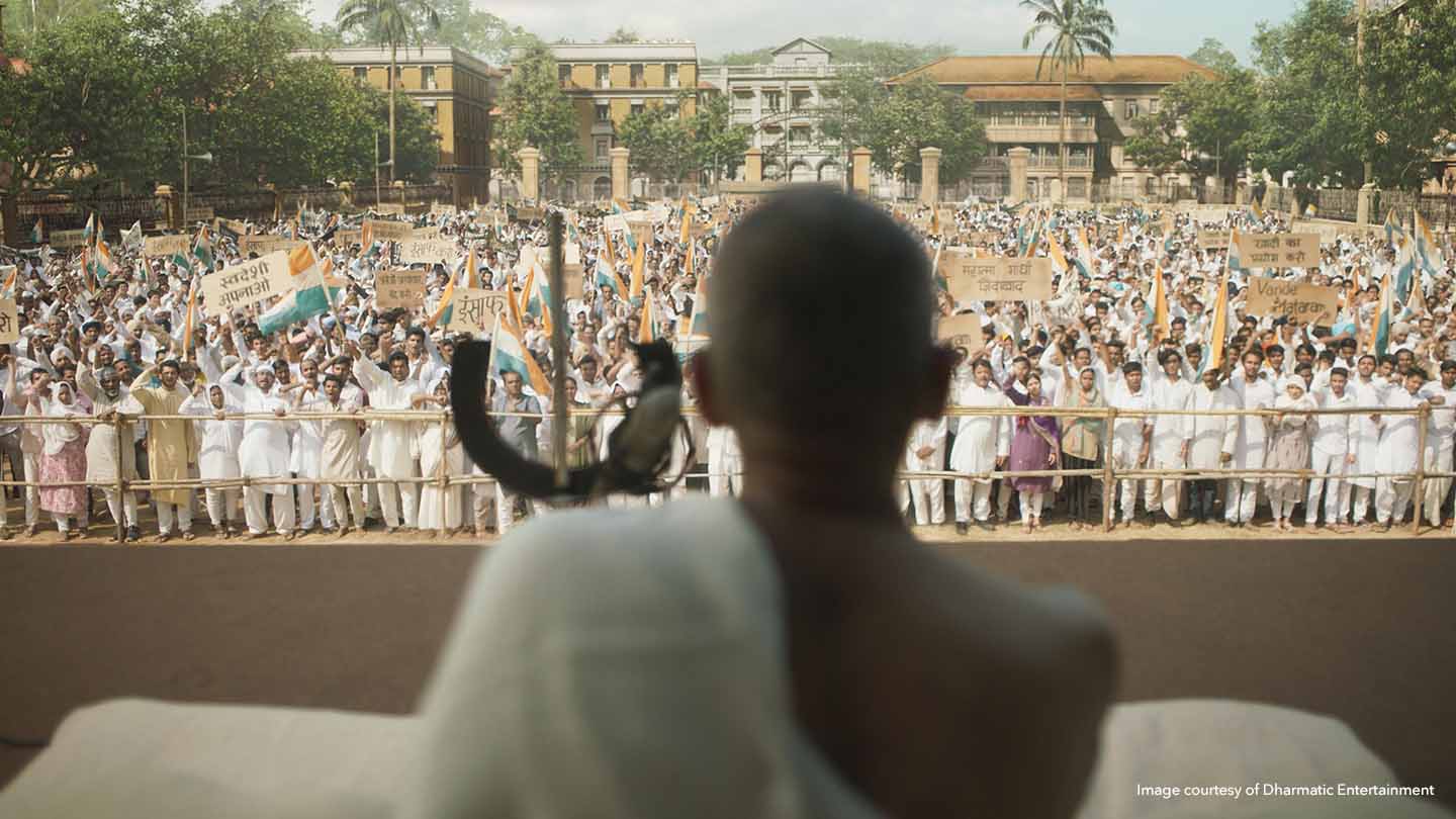 The finished shot of Gandhi's speech to a large crowd