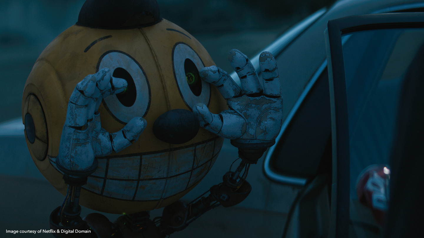 Close-up of Cosmo the robot in The Electric State