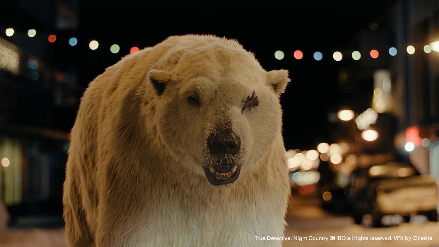 Closeup of CG polar bear in True Detective: Night Country