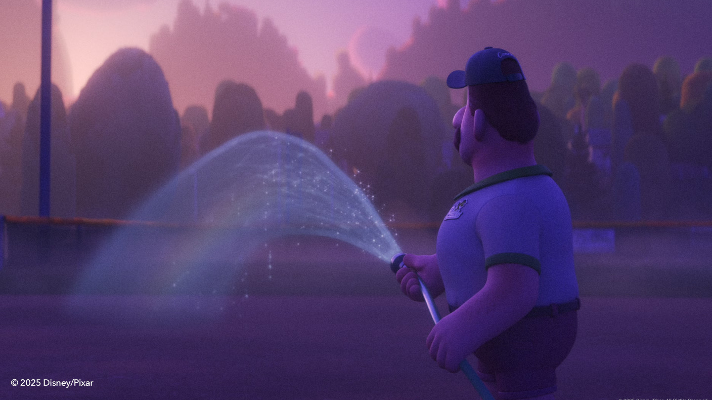 Coach spraying a hose in evening light from Pixar's Win or Lose