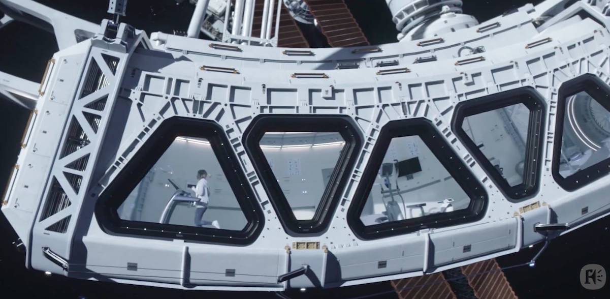 A still from the film 'The Martian' that shows a woman running on a treadmill on a spaceship.