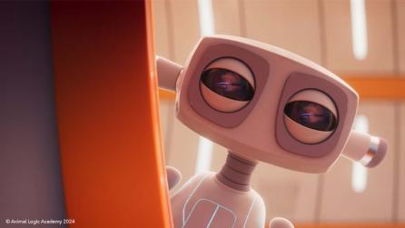 A 3D animated robot peers around a corner in a still from short film Alone