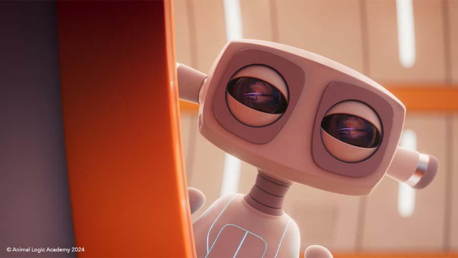 A 3D animated robot peers around a corner in a still from short film Alone