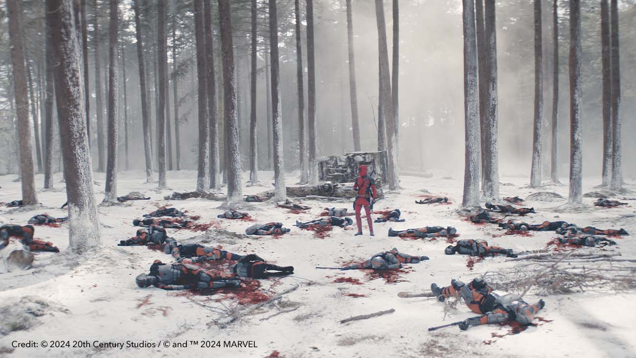 Wide shot of aftermath of Deadpool's battle from opening sequence