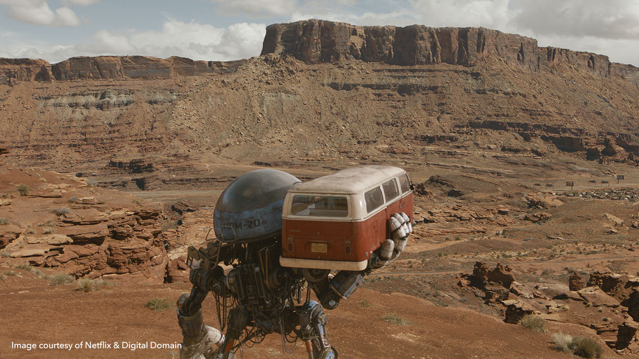 Herman in his supersized form carrying a camper van in The Electric State