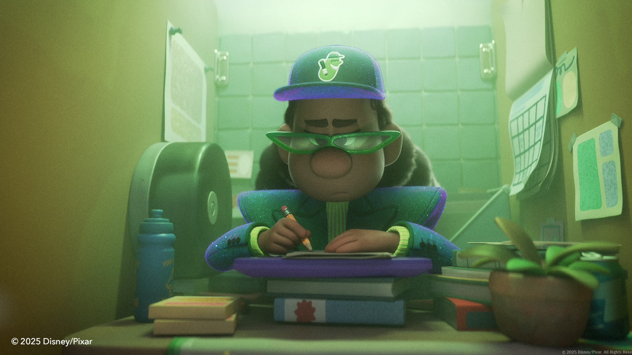 Rochelle's bathroom office in Pixar's Win or Lose